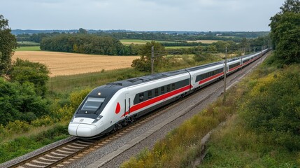 Fototapeta premium Modern high-speed train on an elevated track, sleek design and open landscape offering wide copy space