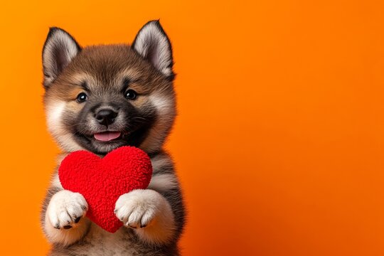 Marketing conceptual art. Cute akita canine with companion toy red heart - sign of love, funny greeting card. Akita - my preferred dog. Romantic animal pictures. Valentine's day concepts.