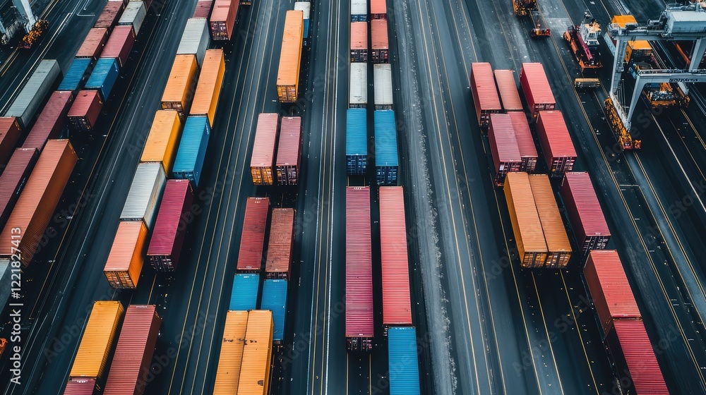 Poster overhead shot of a shipping lane with multiple vessels traversing calm waters, geometric patterns an