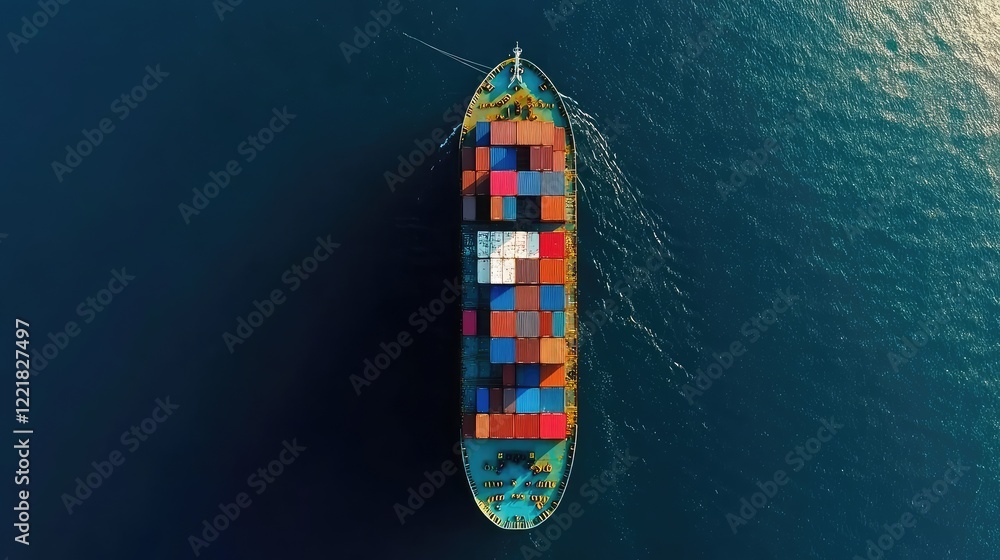 Poster overhead view of a cargo ship in calm blue waters, vibrant containers creating a structured visual c