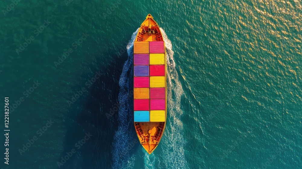 Poster overhead view of a freight ship navigating calm waters, colorful cargo containers creating a dynamic
