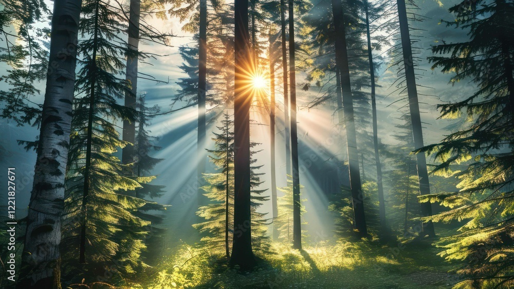 Poster sunlight filtering through tall trees creates a serene and tranquil atmosphere in a lush forest land