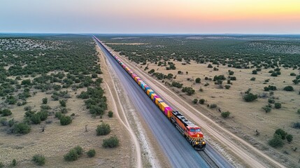 Fototapeta premium Overhead view of a massive freight train cutting through the countryside, rows of colorful containers stretching into the distance
