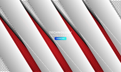Futuristic abstract technology background with diagonal red and white lines on a hexagonal pattern.
