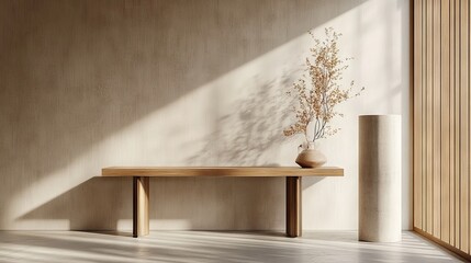 56.A 3D-rendered minimalist scene with a smooth beige wall, a modern console table with sleek wooden legs, and a cylindrical podium, all softly lit in a warm and inviting ambiance.