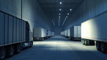 Obraz premium Quiet logistics facility with rows of cargo trucks parked neatly, dramatic lighting creating depth, and room for text overlays