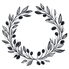 Olive leaves wreath illustration black white vector