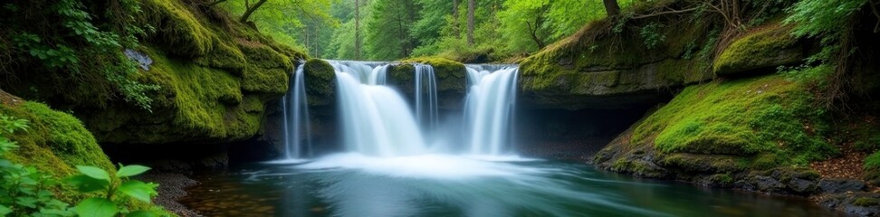 Fototapeta premium Waterfall at Golitha Falls with moss covered rocks, forest, landscape, waterfall scene