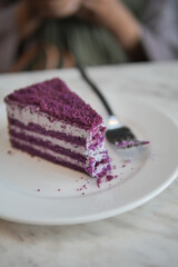 Delicious purple cake served on a white plate with a silver fork at a cozy cafe