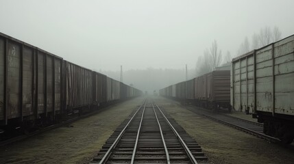 Quiet train yard with rows of stationary freight cars, organized patterns of tracks and muted tones for a minimalist composition