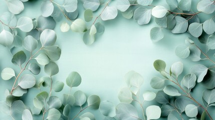 Eucalyptus leaves frame a pale green background