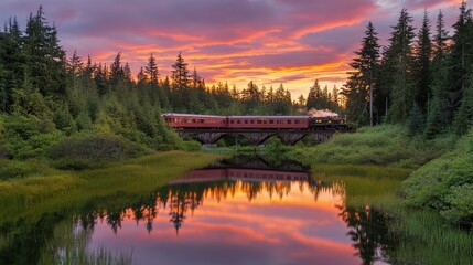 Train crossing over a river at sunset, vibrant reflections on the water and dramatic lighting