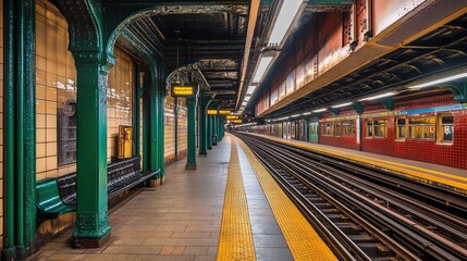 Fototapeta premium Underground subway platform with clean architecture, dramatic lighting, and an empty train track stretching into the distance