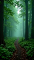 Obraz premium Misty forest trail winding through trees foggy, green, morning