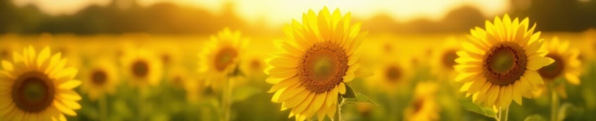 Fototapeta premium yellow sunflowers in the warm sunlight of a field, field, sunny, greenery
