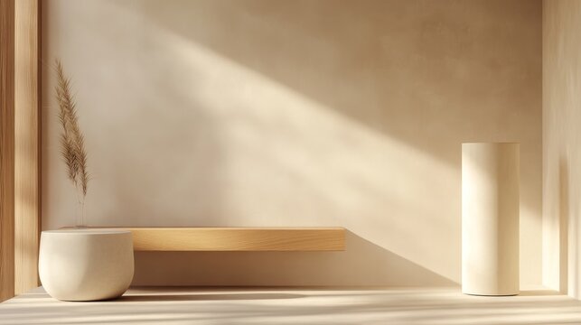 52.A refined product display scene with a beige-toned wall, a minimal wooden console table, and a cylindrical podium, highlighted by soft, diffused lighting.