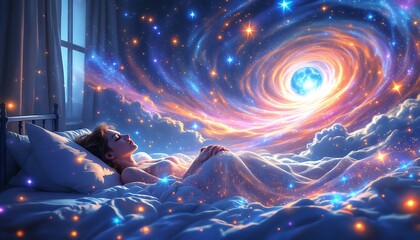 Woman Dreaming Celestial Galaxy Spiral Dreamlike Peaceful Art
