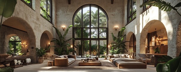 A stylish living space featuring abundant greenery and modern design elements in a serene environment.