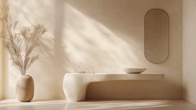 58.A sophisticated setup with a neutral beige background, a console table in a matte finish, and a rounded podium for product display, surrounded by subtle gradients and reflections.