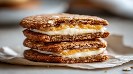 Delicious Stack of Three Cookies Filled with Creamy Cheese and Sweet Cream Perfect for Dessert Lovers and Treat Enthusiasts