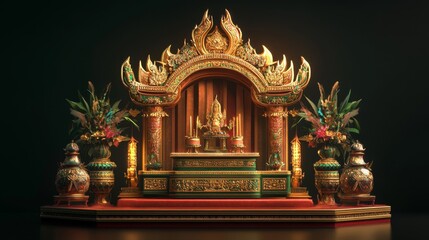 36.A stylized podium design with elements of Thai artistry, including curved edges, golden embellishments, and a harmonious palette of red, gold, and green tones.