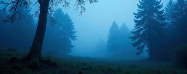 Obraz premium Misty forest valley scene with foggy trees in blue hour light, nature, blue hour