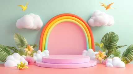 20.A vibrant 3D podium with colorful summer-inspired elements, including pastel clouds, a rainbow arch, and tropical accents in a minimalistic setting.