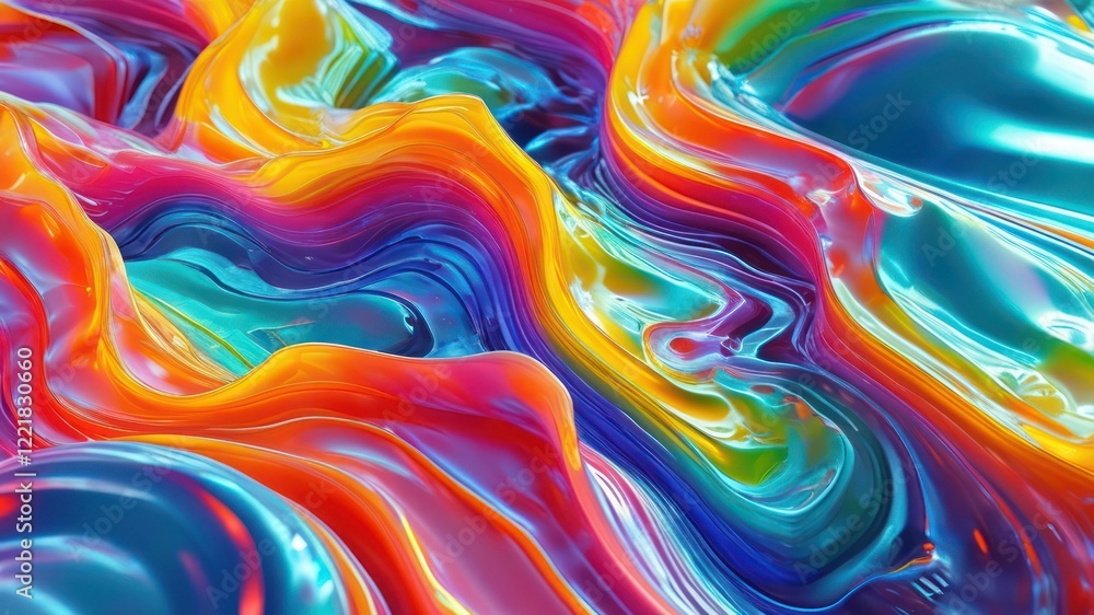 Poster vibrant abstract design featuring colorful, flowing waves with smooth textures and glossy surfaces, 