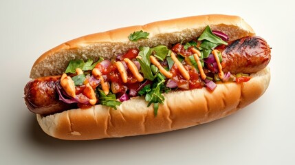 Delicious Gourmet Hot Dog Topped with Fresh Ingredients and Vibrant Sauces Served on a Rustic Wooden Table Setting