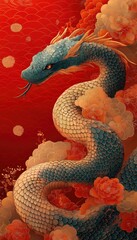 Fototapeta premium Lunar New Year Dragon Winding Among Flowers on Red Textured Backdrop