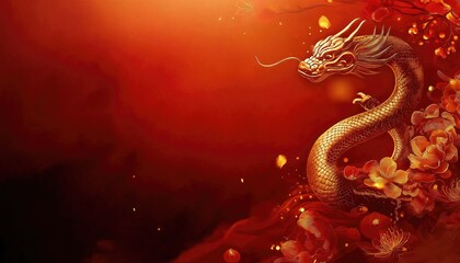 Fototapeta premium Lunar New Year Golden Dragon with Blossoms on Red Gradient Background