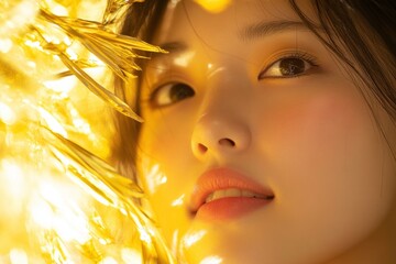 close up of woman face with yellow tree branches
