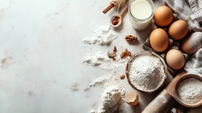 Colorful Ingredients for Baking with Flour Eggs Sugar and Butter Arranged Neatly on a Bright White Surface for Cooking