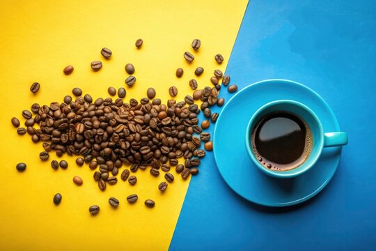 Minimalist Double Exposure Coffee Blue Cup Beans and a Touch of Artistic Flair