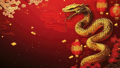 Fototapeta premium Lunar New Year Golden Snake Celebration with Lanterns and Flowers