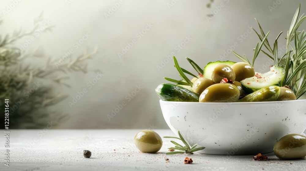 Poster a rustic table display featuring a bowl overflowing with freshly picked olives surrounded by natural