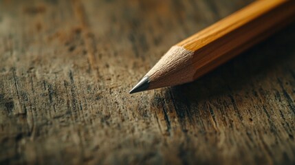 Close-up of a sharpened pencil on rustic wooden surface