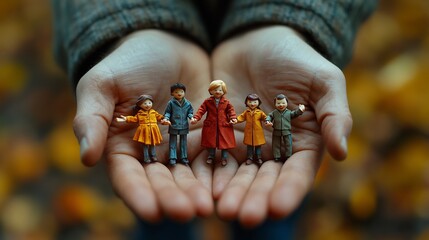 Warm autumn light gently illuminates miniature family held in caring hands. AI Generated