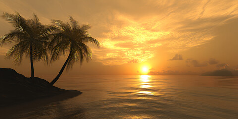 Golden Sunset Over the Ocean Horizon with Silhouettes