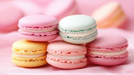 Colorful macarons arranged on a soft pink background