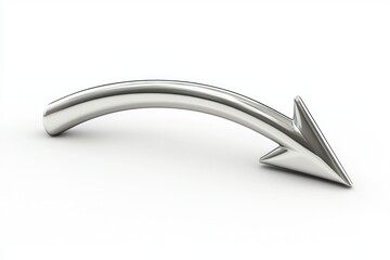 Fototapeta premium Stylish silver metal curved arrow rendered in 3D on a white canvas.
