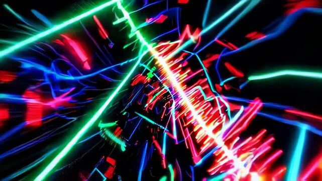In a virtual space, neon-blue light trails create a tunnel effect during a digital surge, giving a cyberpunk atmosphere. 