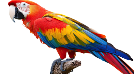 Scarlet Macaw Portrait: A vibrant scarlet macaw, perched on a branch, showcases its striking plumage of red, yellow, blue, and green feathers.  Its intelligent gaze captivates the viewer. 