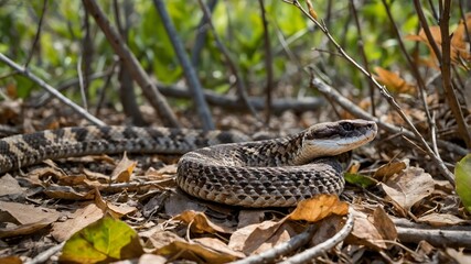 Fototapeta premium Eastern Diamondback Rattlesnake Coiled in Ambush Among Leaves and Branches