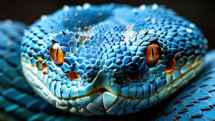 Fototapeta premium Close up of blue snake showcasing vibrant scales and striking eyes, representing exotic wildlife and natural beauty