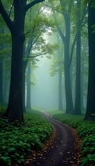 Naklejka premium misty forest with towering trees and a winding path, peaceful atmosphere, pathway
