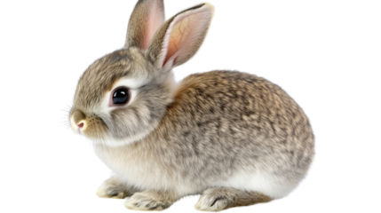 Cute Bunny Portrait: A close-up shot of a charming bunny with soft, grey fur and big brown eyes, capturing its innocent and adorable nature. The image is perfect for pet-related projects.
