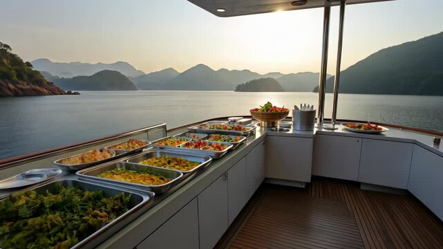 Luxurious buffet on a yacht during sunset near serene mountains with beautiful scenery