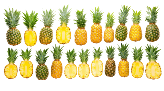 Fresh pineapples arranged in row, showcasing whole and sliced fruit. vibrant yellow and green colors highlight their tropical appeal, perfect for culinary use or decoration