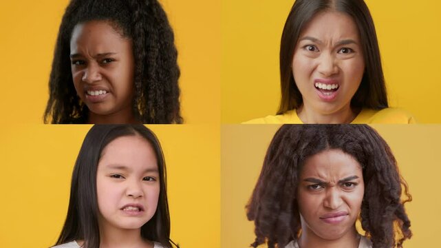 This collection showcases diverse individuals expressing a range of emotions from frustration to disgust against a vibrant yellow background.